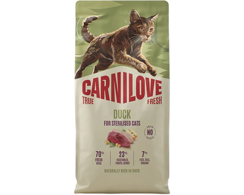 Carnilove krmivo pre mačky True Fresh Duck pre kastrované mačky, 70 percent čerstvej kačice, bez obilnín a zemiakov.