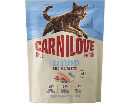 Krmivo Carnilove True Fresh pre sterilizované mačky s čerstvou rybou a moriakom, bez obilnín a zemiakov.