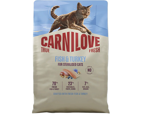 Carnilove True Fresh krmivo pre sterilizované mačky, ryba a morka, bez obilnín a zemiakov, 70 percent čerstvých rýb a morčacieho mäsa.