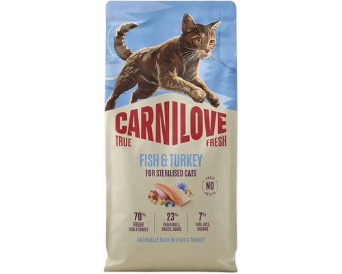 Carnilove True Fresh krmivo pre mačky s rybou a morkou pre sterilizované mačky, bez obilnín a zemiakov, 70 percent čerstvých rýb a morky.