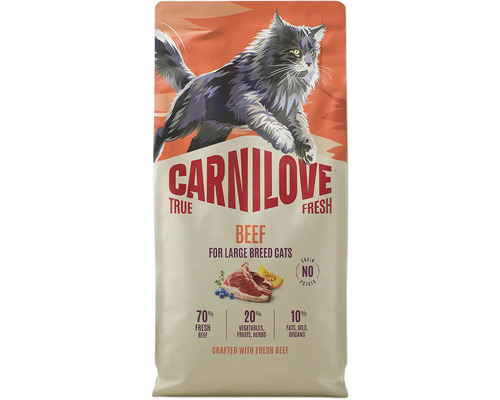 Carnilove krmivo pre mačky True Fresh Beef pre veľké plemená so 70 percentami čerstvého hovädzieho, bez obilnín a zemiakov.