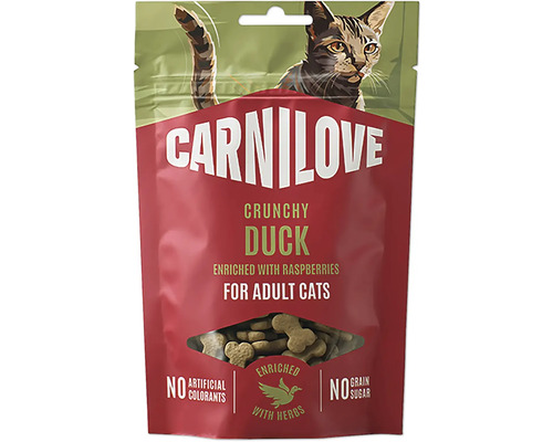 Pochúťka pre mačky Carnilove Crunchy Duck s malinami pre dospelé mačky bez obilnín a cukru
