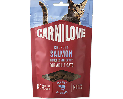 Carnilove chrumkavé pochúťky pre dospelé mačky s lososom a kocúrnikom obyčajným.