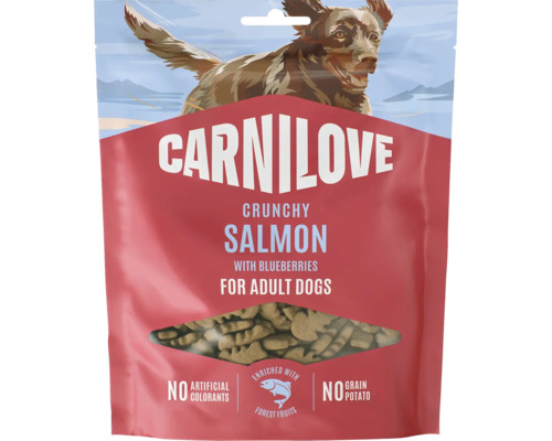 Chrumkavé maškrty pre dospelých psov Carnilove s lososom a čučoriedkami, bez umelých farbív a obilnín.
