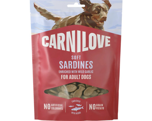 Pochúťky Carnilove Soft Sardines pre dospelé psy s medvedím cesnakom a bylinkami, bez obilnín, zemiakov a umelých farbív.