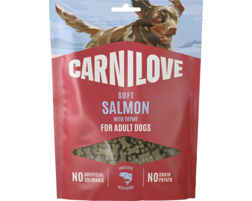 Carnilove Soft Snack losos s tymiánom pre dospelých psov, červený obal, bez obilnín, zemiakov a farbív, obohatené bylinkami.