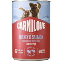 Carnilove Logo. Mokré krmivo pre šteniatka s morkou, lososom a lesným ovocím, 67 percent mäsa a rýb, bez obilnín, kompletné krmivo.
