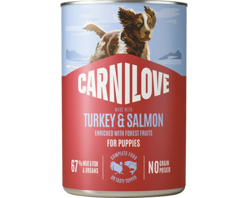 Carnilove Logo. Mokré krmivo pre šteniatka s morkou, lososom a lesným ovocím, 67 percent mäsa a rýb, bez obilnín, kompletné krmivo.