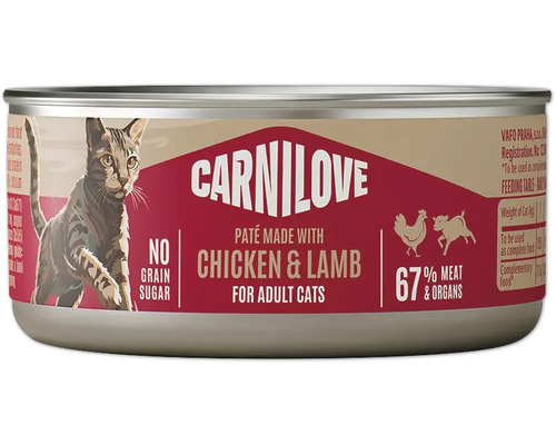 Carnilove paštéta pre dospelé mačky s kuracím a jahňacím mäsom, bez obilnín a cukru, 67 percent mäsa a vnútorností.