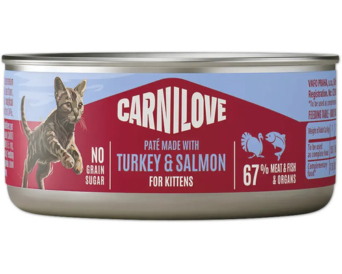 Carnilove paštéta pre mačiatka s morčacím mäsom a lososom, 67 percent mäsa a rýb, bez obilnín a cukru.