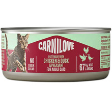 Carnilove paštéta pre dospelé mačky s kuracím, kačacím a bažantím mäsom, bez obilnín a cukru, 67 percent mäsa a vnútorností.
