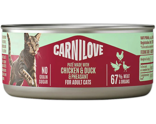 Carnilove paštéta pre dospelé mačky s kuracím, kačacím a bažantím mäsom, bez obilnín a cukru, 67 percent mäsa a vnútorností.
