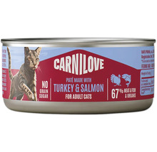 Paštéta Carnilove pre dospelé mačky s morkou a lososom bez obilnín a cukru so 67 percentami mäsa a rýb.
