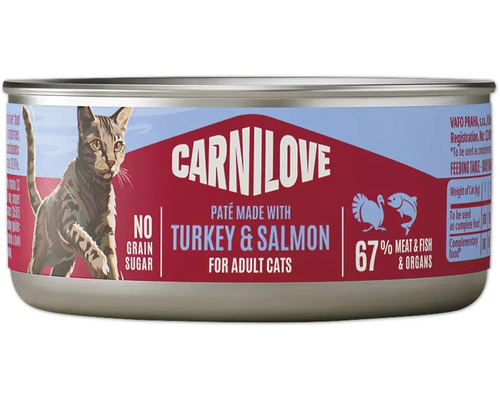 Paštéta Carnilove pre dospelé mačky s morkou a lososom bez obilnín a cukru so 67 percentami mäsa a rýb.