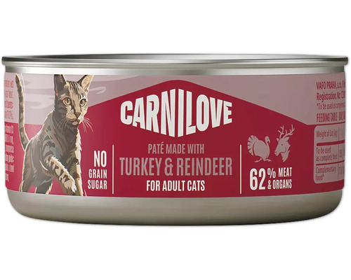 Carnilove krmivo pre mačky paštéta s morčacím a sobím mäsom pre dospelé mačky bez obilnín a cukru 62 percent mäsa a vnútorností