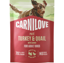 Carnilove paté morka a prepelica s mrkvou pre dospelých psov, 70 percent mäsa a vnútorností, bez obilnín a zemiakov.
