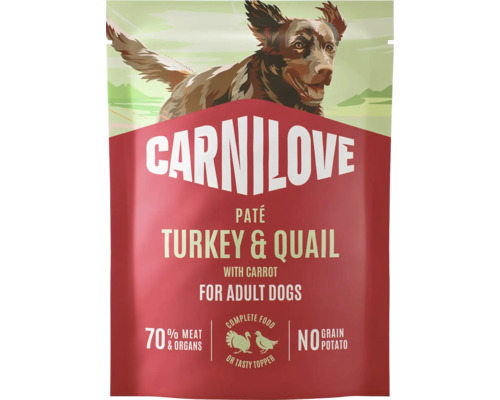 Carnilove paté morka a prepelica s mrkvou pre dospelých psov, 70 percent mäsa a vnútorností, bez obilnín a zemiakov.