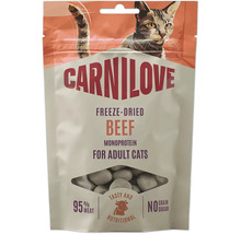 Mrazom sušené maškrty pre mačky Carnilove Beef Monoprotein pre dospelé mačky s 95 percentami mäsa bez obilnín a cukru.