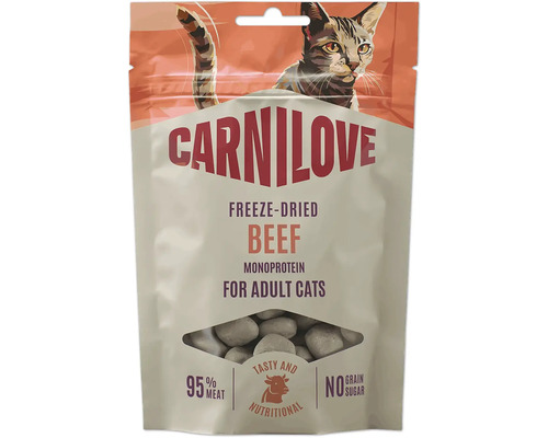 Mrazom sušené maškrty pre mačky Carnilove Beef Monoprotein pre dospelé mačky s 95 percentami mäsa bez obilnín a cukru.