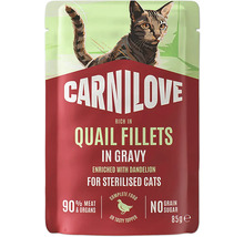 Kapsička Carnilove prepeličie filety v omáčke pre kastrované mačky, 85 gramov, s púpavou, 90 percent mäsa, bez obilnív.
