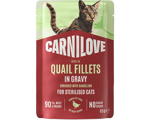 Kapsička Carnilove prepeličie filety v omáčke pre kastrované mačky, 85 gramov, s púpavou, 90 percent mäsa, bez obilnív.