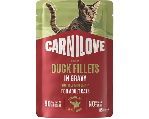 Carnilove kapsička pre mačky, kačacie filety v omáčke, obohatené o kocúrnik obyčajný, pre dospelé mačky, 85 gramov