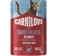 Krmivo pre mačky Carnilove s filetami zo pstruha v omáčke pre dospelé mačky, 85 gramov kapsička, bez obilnín a pridaného cukru.
