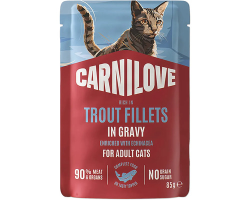 Krmivo pre mačky Carnilove s filetami zo pstruha v omáčke pre dospelé mačky, 85 gramov kapsička, bez obilnín a pridaného cukru.