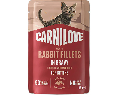 Kapsička pre mačiatka Carnilove s králičími filetmi v omáčke, 85 gramov.