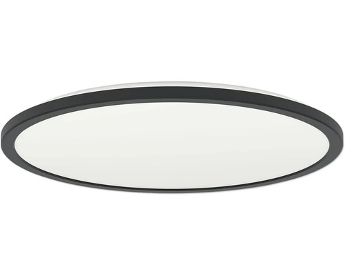 Okrúhle, ploché stropné LED svietidlo s čiernym rámom a bielym difúzorom.