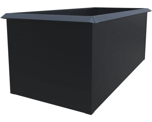 Obdĺžnikový kovový vyvýšený záhon v antracitovej farbe s horizontálnymi panelmi.