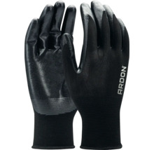 Čierne pracovné rukavice Ardon s protišmykovou úpravou a elastickými pletenými manžetami.