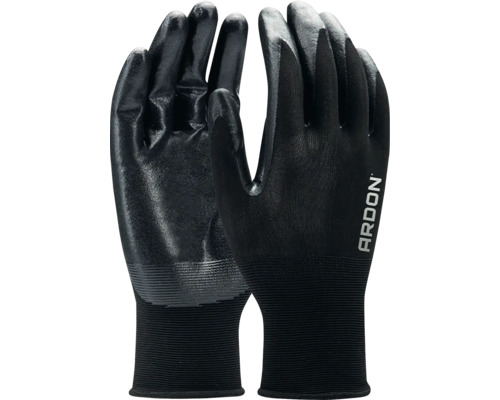Čierne pracovné rukavice Ardon s protišmykovou úpravou a elastickými pletenými manžetami.