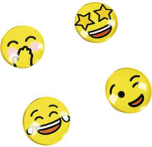 Štyri žlté okrúhle magnetky emoji s výrazmi: hviezdne oči, červenanie s rukou pred ústami, žmurkanie a smiech so slzami.