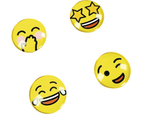 Štyri žlté okrúhle magnetky emoji s výrazmi: hviezdne oči, červenanie s rukou pred ústami, žmurkanie a smiech so slzami.