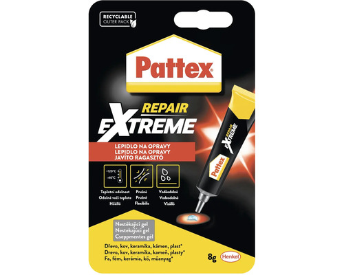 Pattex Repair Extreme lepidlo gél, 8 gramov, pružné, vodeodolné, odolné teplotám od mínus 40 do plus 120 stupňov Celzia.