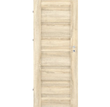 Interiérové dvere s dekorom duba, horizontálnymi panelmi, striebornou kľučkou a otvorom na kľúč.