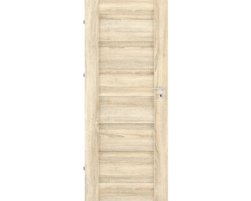 Interiérové dvere s dekorom duba, horizontálnymi panelmi, striebornou kľučkou a otvorom na kľúč.