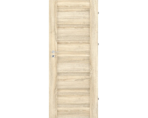 Interiérové dvere vo svetlom dekore dreva s horizontálnymi panelmi a striebornou kľučkou.