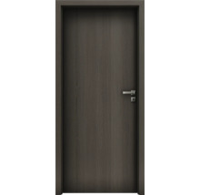 Moderné interiérové dvere v tmavom dekore dreva so striebornou kľučkou a zárubňou.