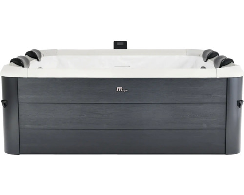 Obdĺžniková vírivka MSpa s tmavým obložením v dekore dreva, bielou vnútornou vaňou a čiernymi opierkami hlavy.