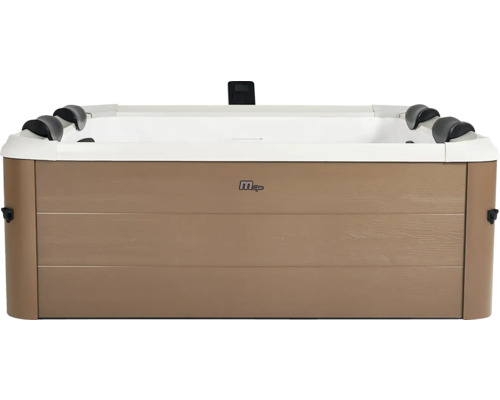 Obdĺžniková vírivka MSpa s obložením v dekore dreva, bielou vnútornou vaňou a čiernymi opierkami hlavy.