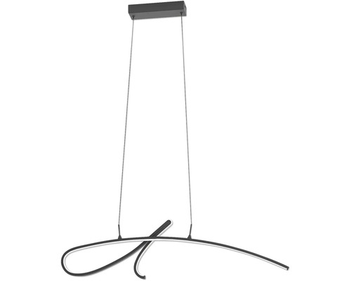 Moderné LED závesné svietidlo so zakriveným čiernym kovovým prvkom a obdĺžnikovým stropným držiakom.