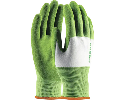 Pracovné rukavice Ardon so zeleným nánosom na dlaniach a prstoch a bielym chrbtom.