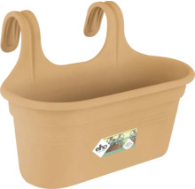 Plastový balkónový truhlík Elho s integrovanými hákmi na zavesenie na zábradlie.