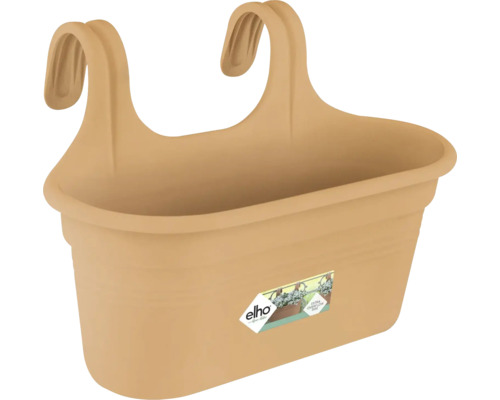 Plastový balkónový truhlík Elho s integrovanými hákmi na zavesenie na zábradlie.