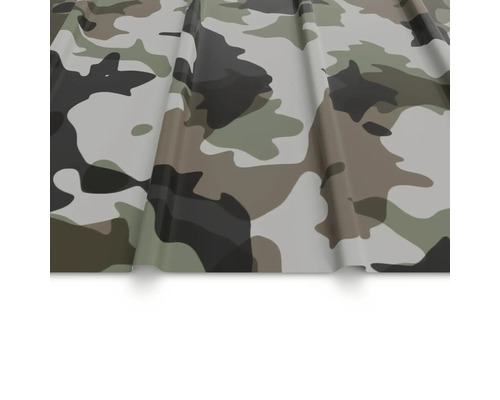Trapézový plech s maskovacím vzorom pre strechy a steny.