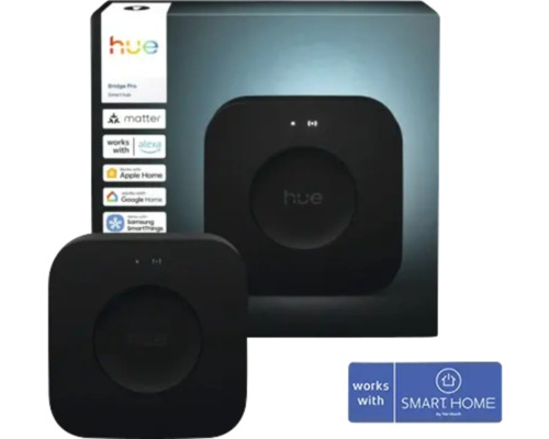 Čierny Philips Hue Bridge Pro Smart Hub, kompatibilný s Matter, Alexa, Apple Home, Google Home, Samsung SmartThings a Hornbach Smart Home.
