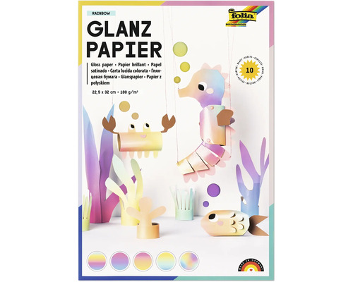 Lesklý papier Folia Rainbow 10 listov 22,5 krát 32 centimetrov 100 gramov na meter štvorcový na tvorenie podmorských postavičiek.