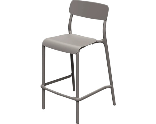 Sivá barová stolička s operadlom a opierkou na nohy, moderný minimalistický štýl.